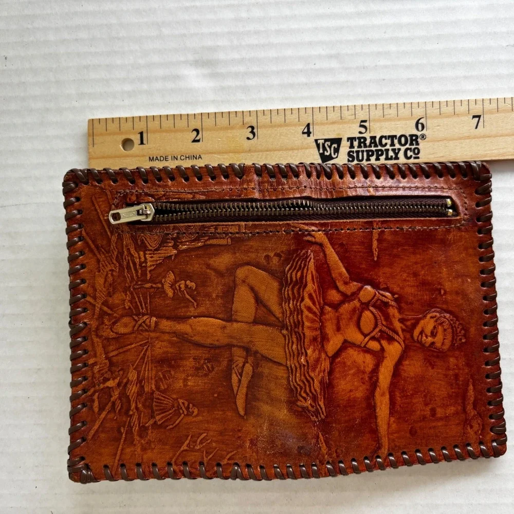 Vintage Hand Tooled Leather Wallet Ballerina Dancer Whipstitched Brown Men's